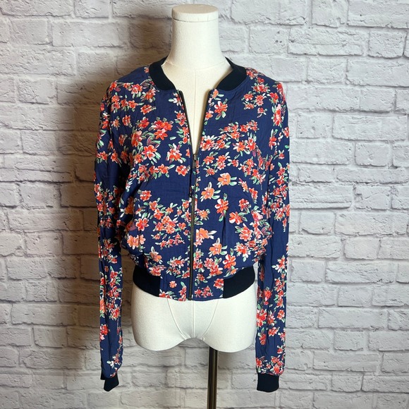 Express Jackets & Blazers - Express Women's M Navy Floral Zip Front Bomber Jacket Chic Retro Floralcore